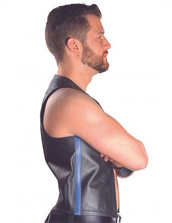 Mister B Leather Muscle Vest Blue Striped