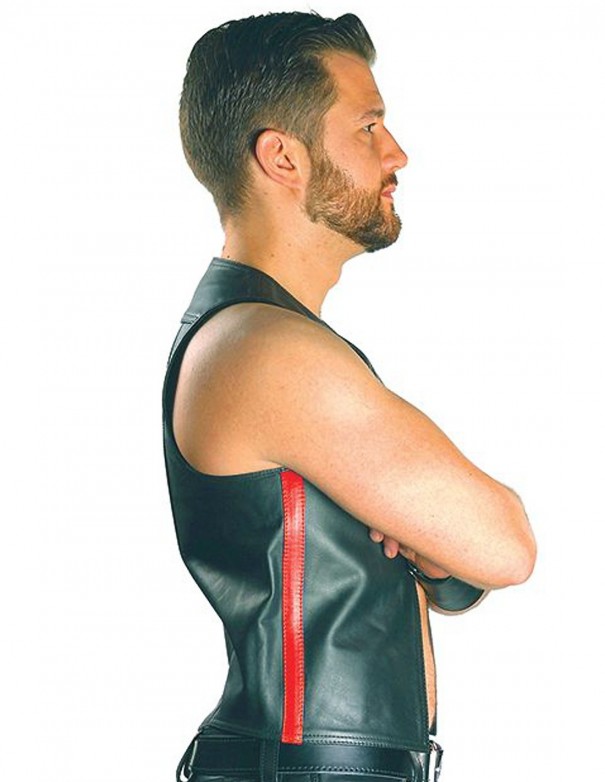 Mister B Leather Muscle Vest Red Striped