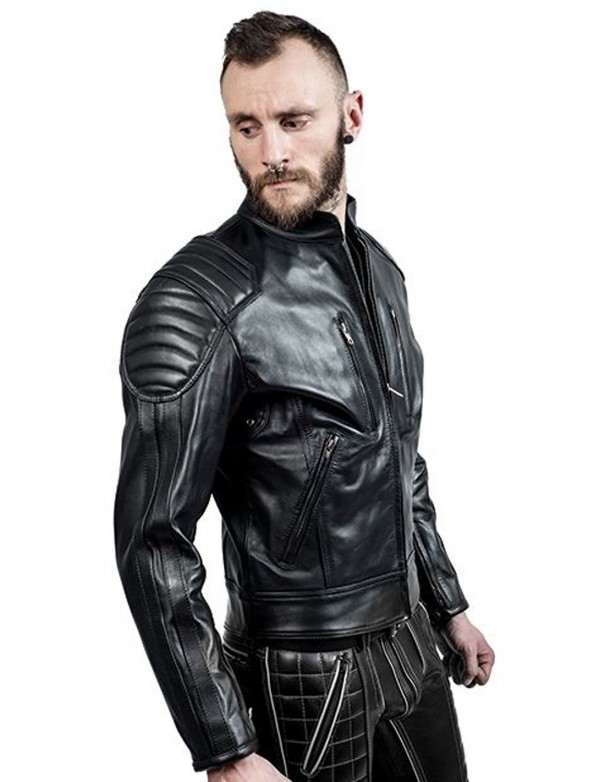 Mister B Leather Biker Jacket Black Stripes