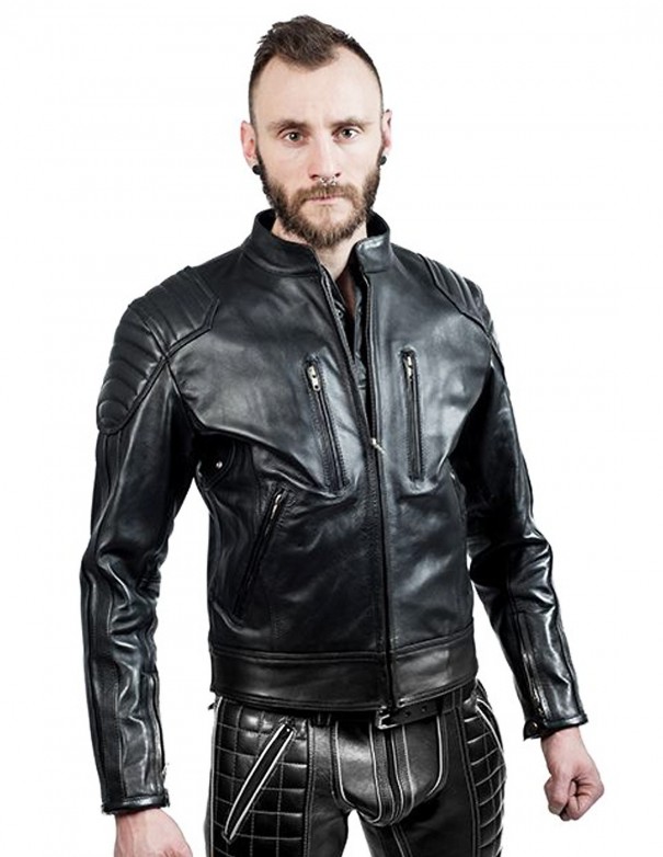 Mister B Leather Biker Jacket Black Stripes