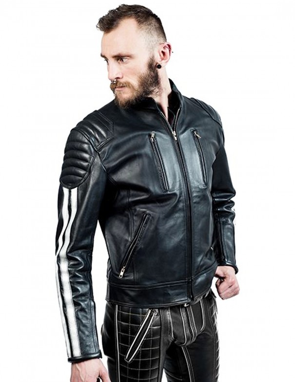 Mister B Leather Biker Jacket White Stripes