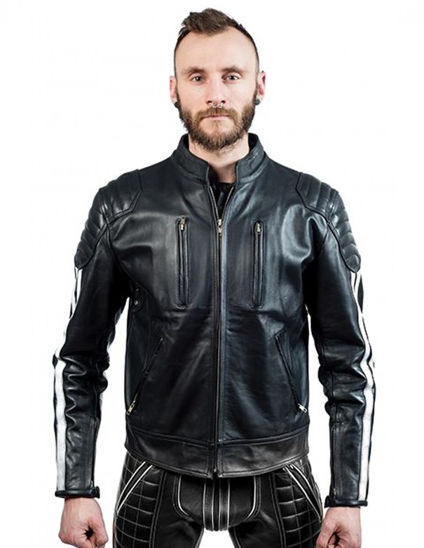 Mister B Leather Biker Jacket White Stripes