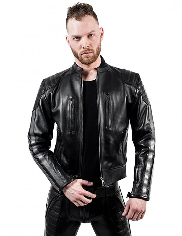 Mister B Leather Biker Jacket Grey Stripes