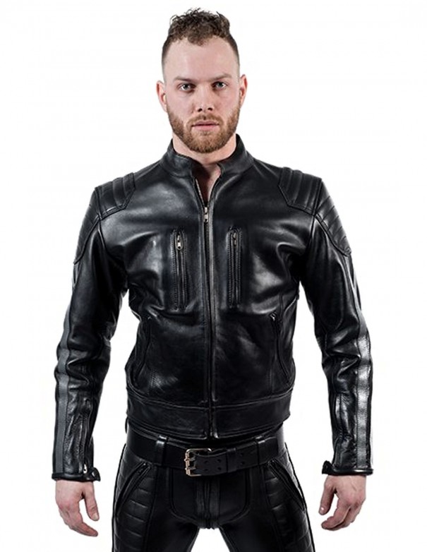 Mister B Leather Biker Jacket Grey Stripes