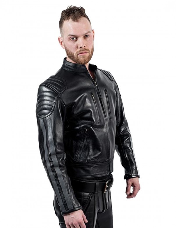 Mister B Leather Biker Jacket Grey Stripes