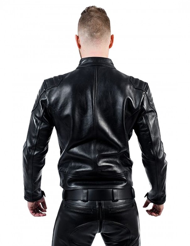 Mister B Leather Biker Jacket Grey Stripes