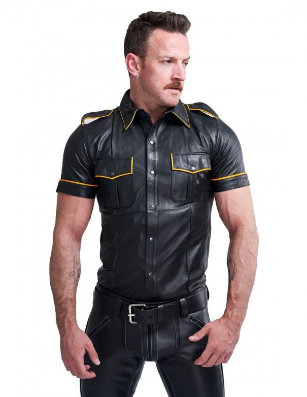 Mister B Leather Police Shirt Short Sleeves Yellow Piping