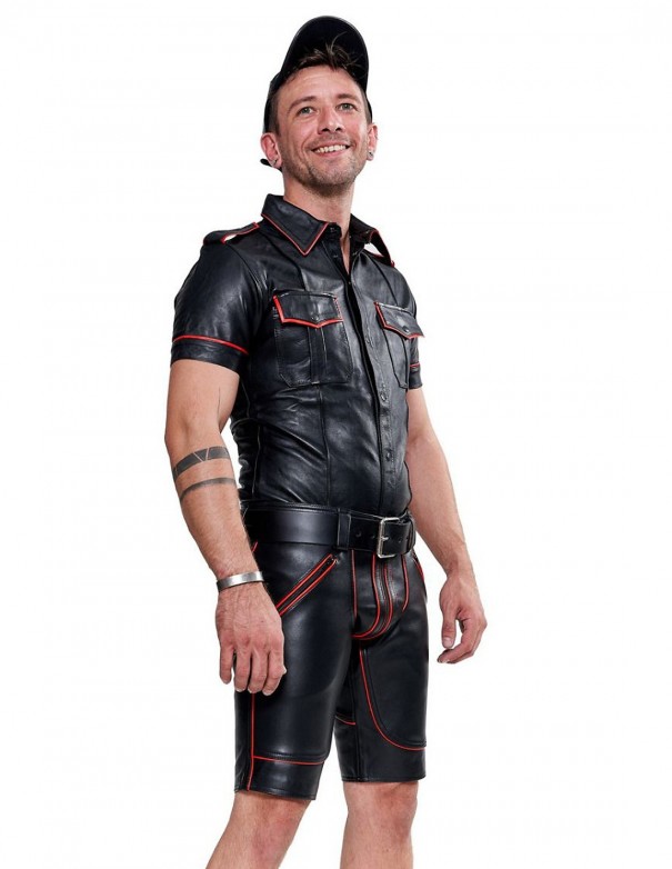 Mister B Leather Police Shirt Short Sleeves Red Piping