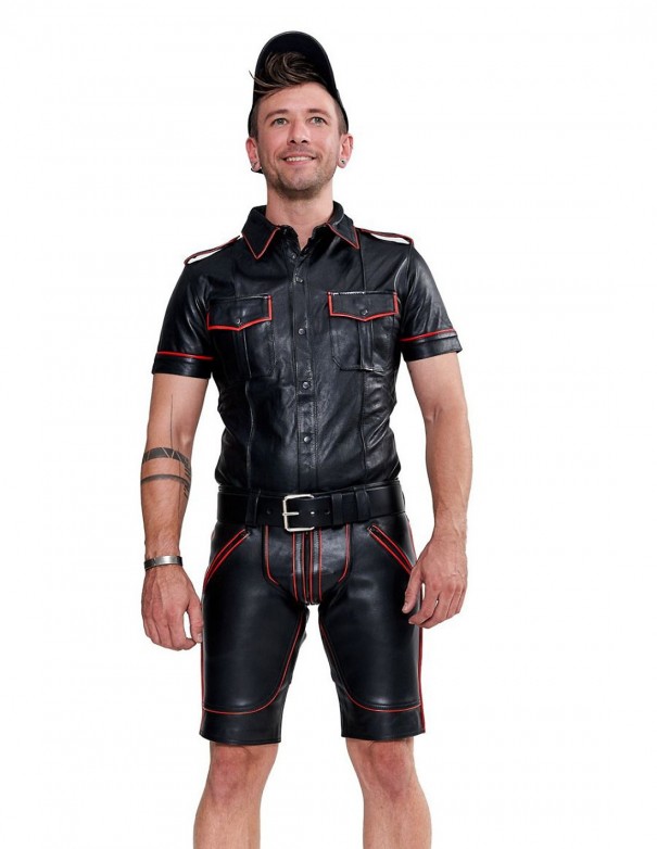 Mister B Leather Police Shirt Short Sleeves Red Piping