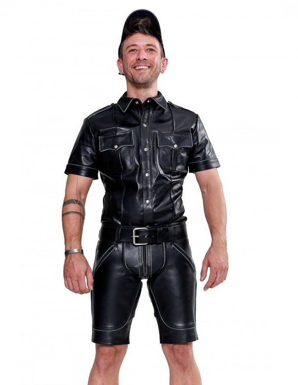 Mister B Leather Police Shirt Short Sleeves Grey Piping
