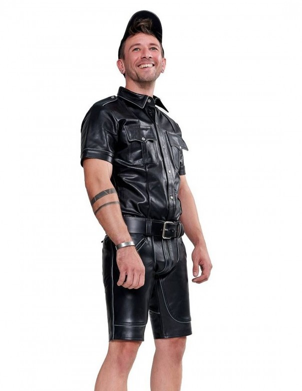 Mister B Leather Police Shirt Short Sleeves Grey Piping