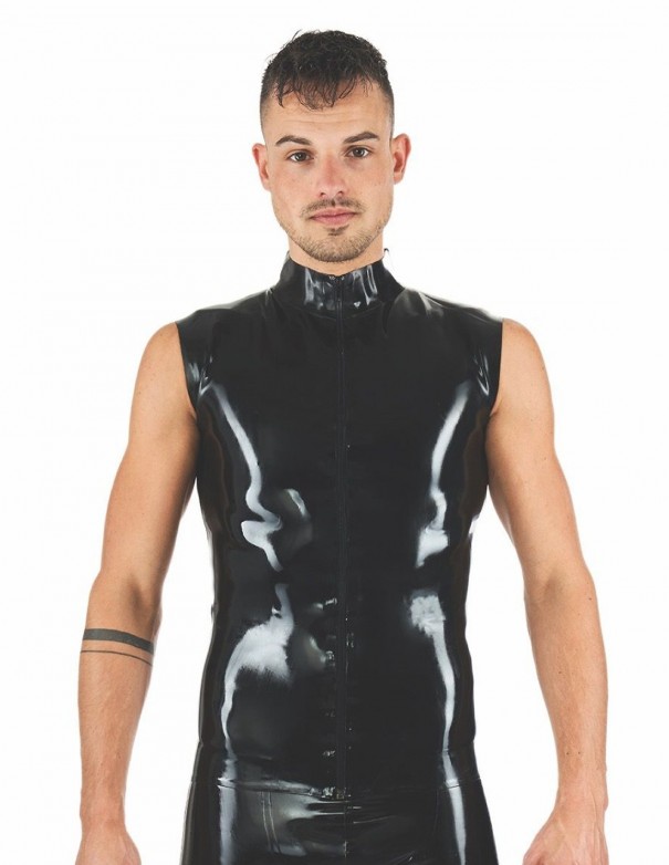 Mister B Rubber Sleeveless Zipped Collar T-Shirt Black